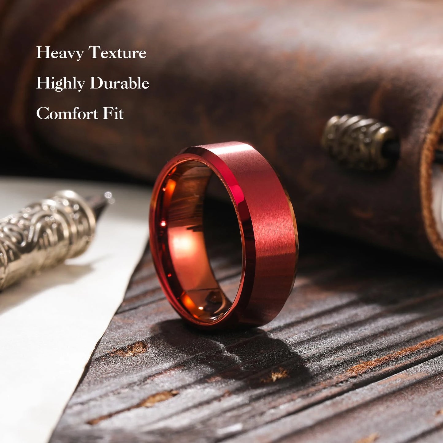 2023 Simple 8mm Red Stainless Steel Rings For Men Women Red Matte Finish Beveled Polished Edge Men Rings Wedding Band Jewelry