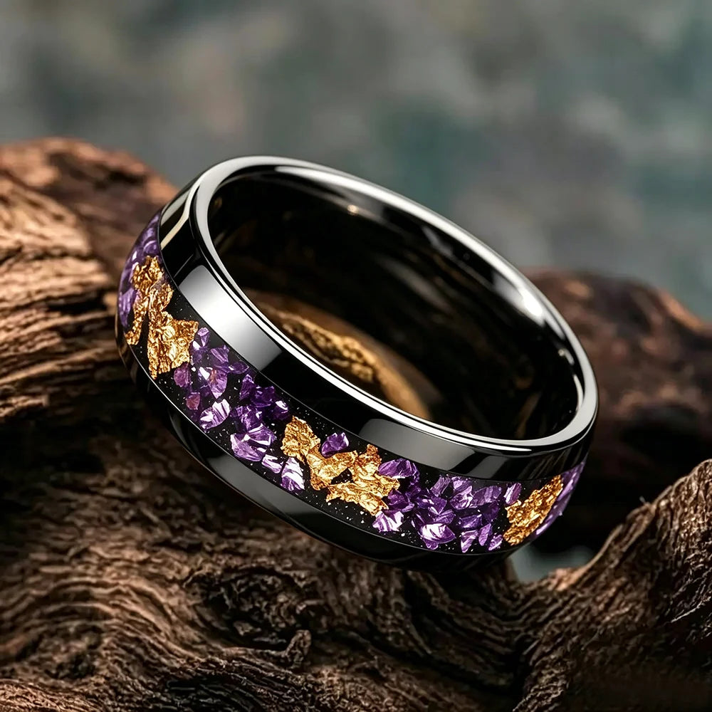 Fashion 8mm Men Stainless Steel Rings Inlay Galaxy Style Purple Abalone Shell Rings For Men Wedding Engagement Band Jewelry Gift