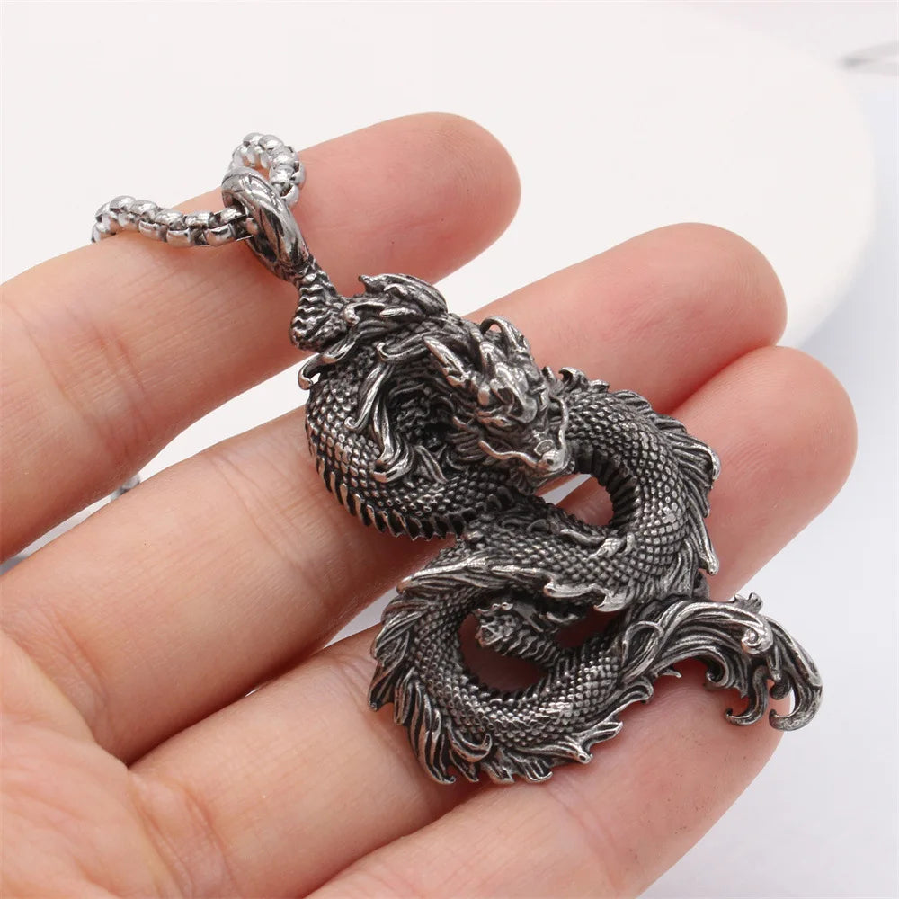 Stainless Steel Dragon Necklace for Men - Chinese Zodiac Pendant Jewelry Gift, Oriental Amulet Gift, Asian Mythology Accessories