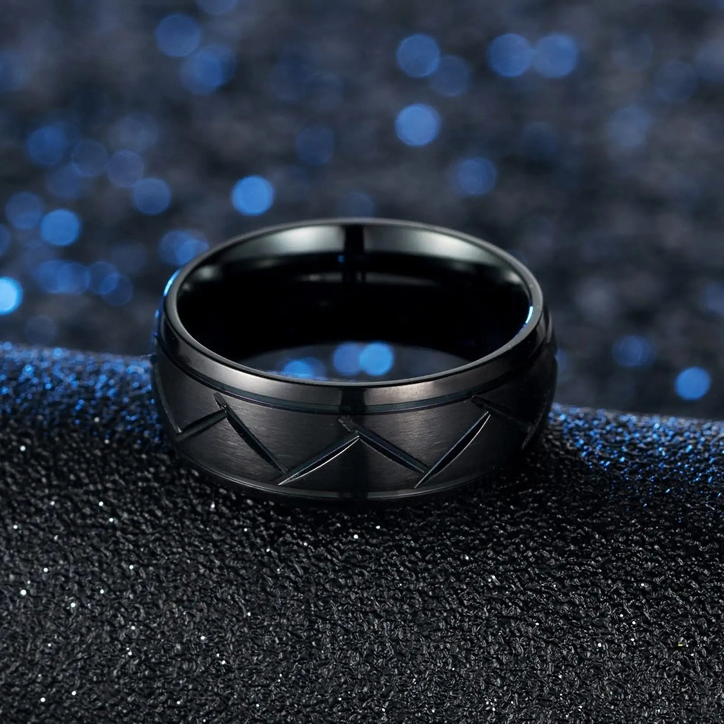 Fashio Men Rings Black Titanium Stainless Steel Rings For Men Women Brick Pattern Finish Beveled Edge Wedding Ring Party Jewelry