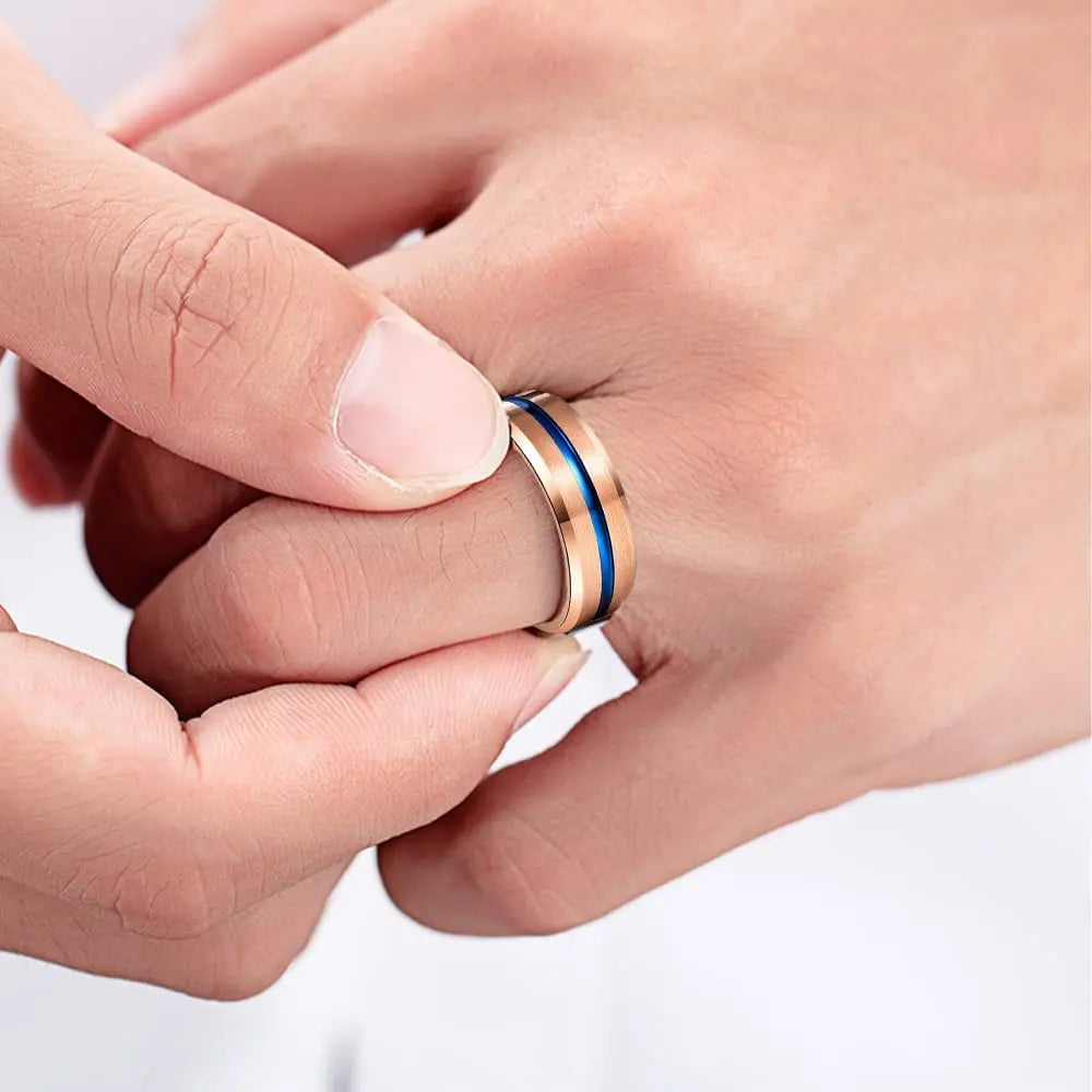 Trendy 8mm Rose Gold Color Groove Beveled Edge Titanium Men Wedding Rings Black Brushed Stainless steel Ring Men's Wedding Band