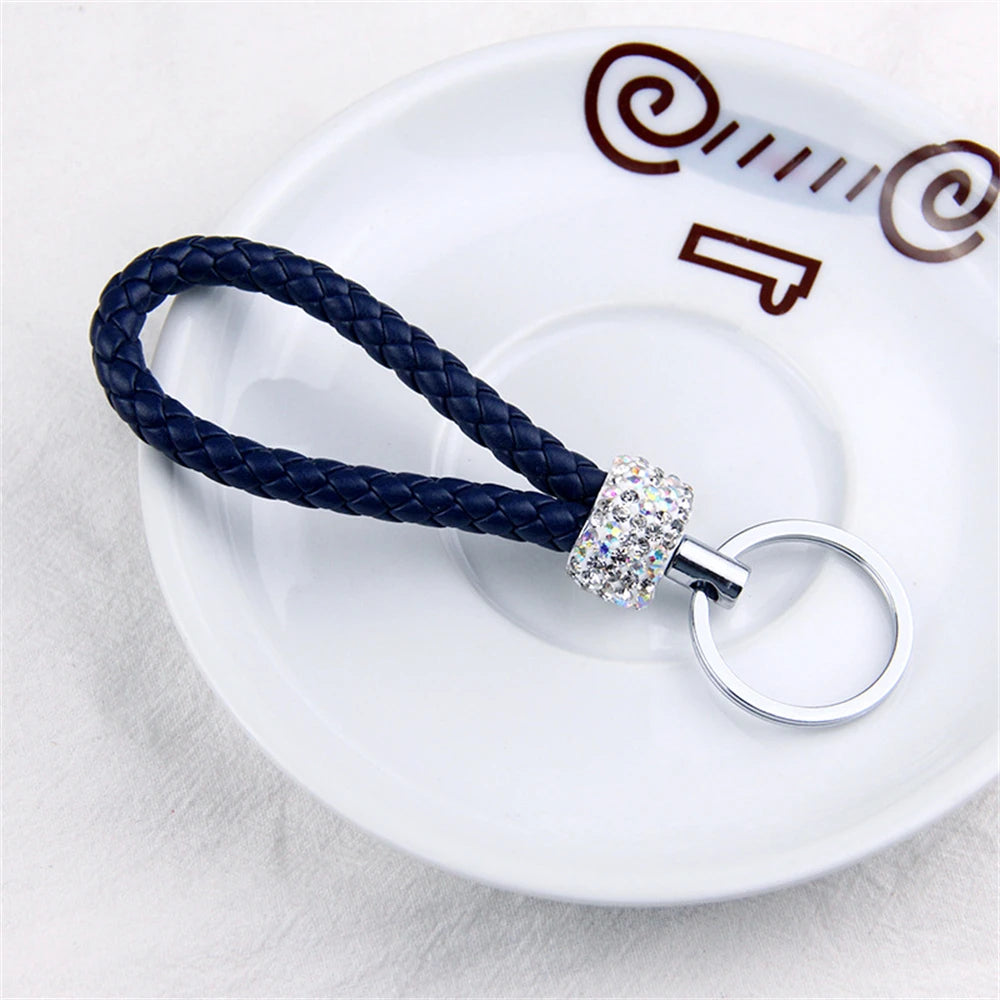 Fashion PU Leather Woven Keychain Glitter Rhinestones Braided Rope Keyring For Men Women Car Key Holder Charms Accessories Gifts M CHINA