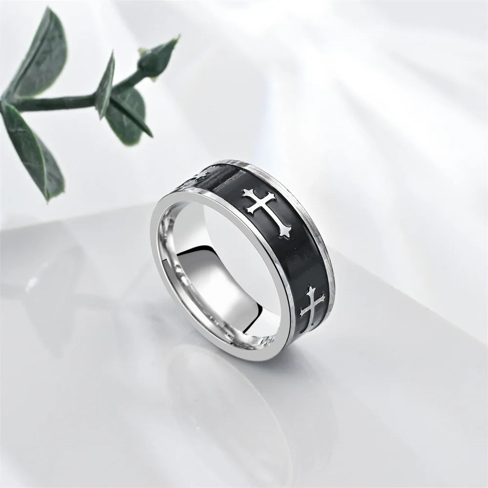 Metal Cross Ring For Men Women Black Silver Color Stainless Steel Ring Punk Gothic Simple Accessories Christian Jewelry Gift