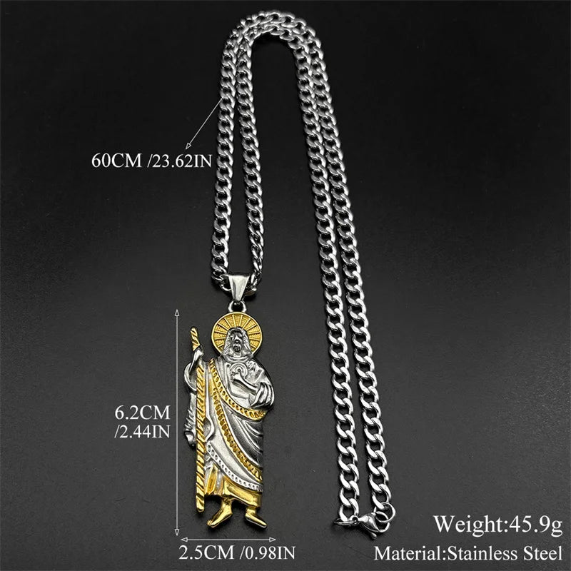 San Judas Tadeo Pendant Necklace for Men Women Stainless Steel Gold Silver Color Catholic Saints Apostle of Jesus Chain Jewelry