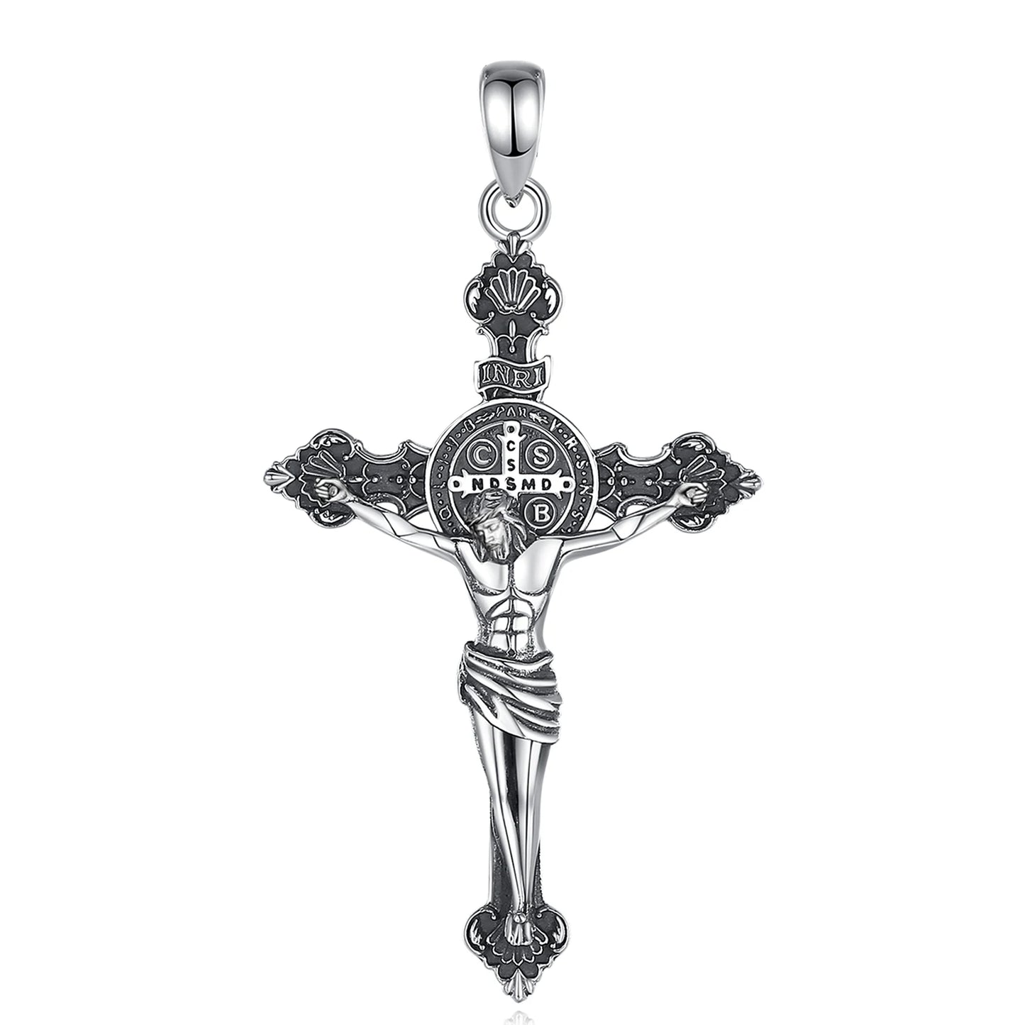 Eudora 925 Sterling Silver Jesus Necklace St. Benedict's Cross Vintage Amulet Pendant Religious Jewelry Gift for Men Women
