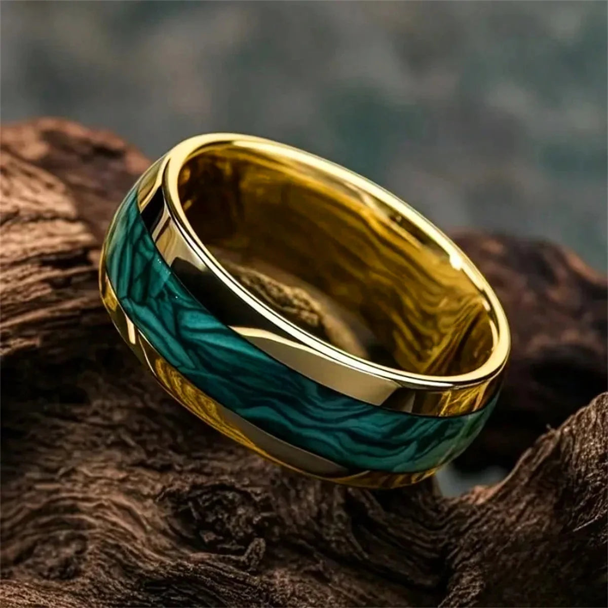 Fashion 8MM Gold Color Stainless Steel Rings For Men Domed Green Abalone Shell Inlay Rings Wedding Engagement Jewelry Gift