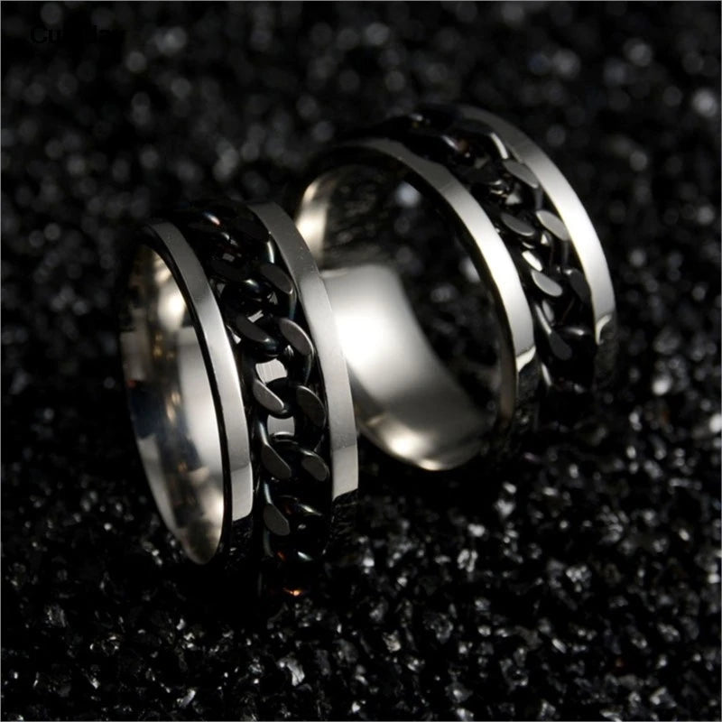 Stainless Steel Chain Rotating Anxiety Black Rings For Men Fidget Metal Spinner Knuckle Ring Anillos De Hombre