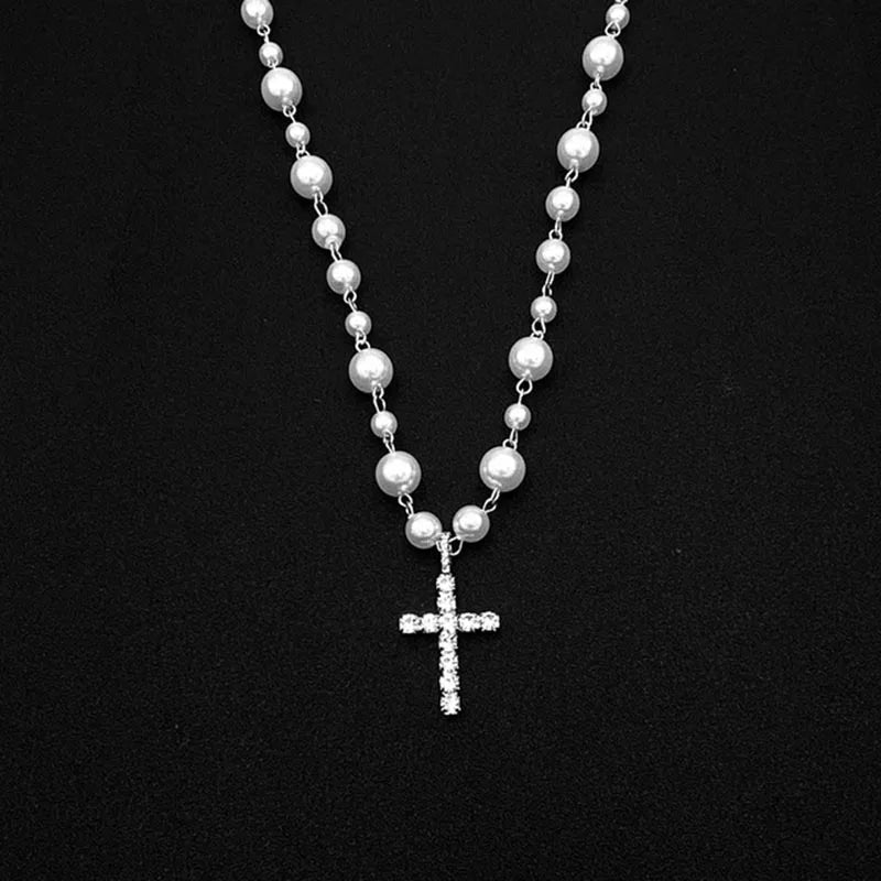 Vintage Pearl Bead Chain Christian Catholic Rosary Cross Rosary Pendant Necklace for Women Men Charm Religious Jewelry Gifts