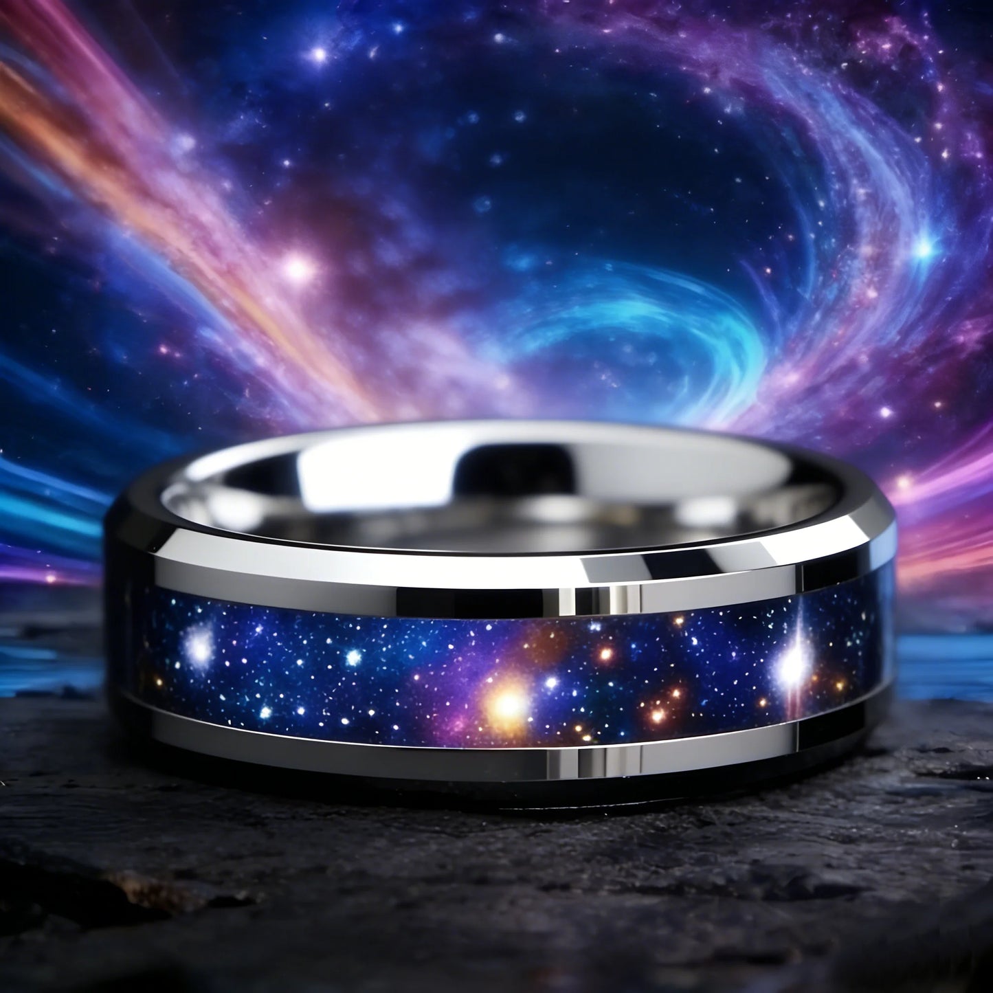 With Orion Nebula Opal Galaxy Starry Sky Design Ring Fashion 8mm Silver Color Men Stainless Steel Rings for Men Wedding Jewelry