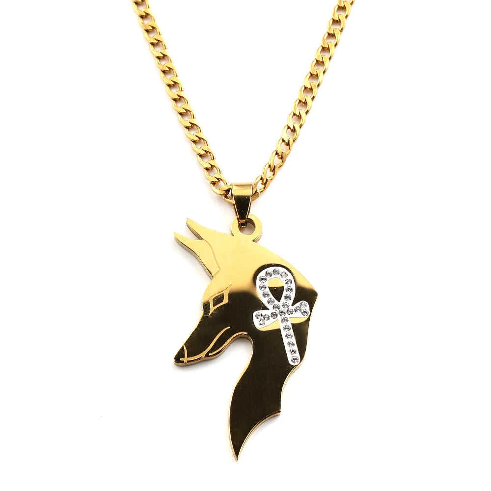 Anubis Egyptian Rhinestones Ankh Cross Symbol Stainless Steel Pendant Necklace for Women Men Gold Color Chain Necklaces Jewelry