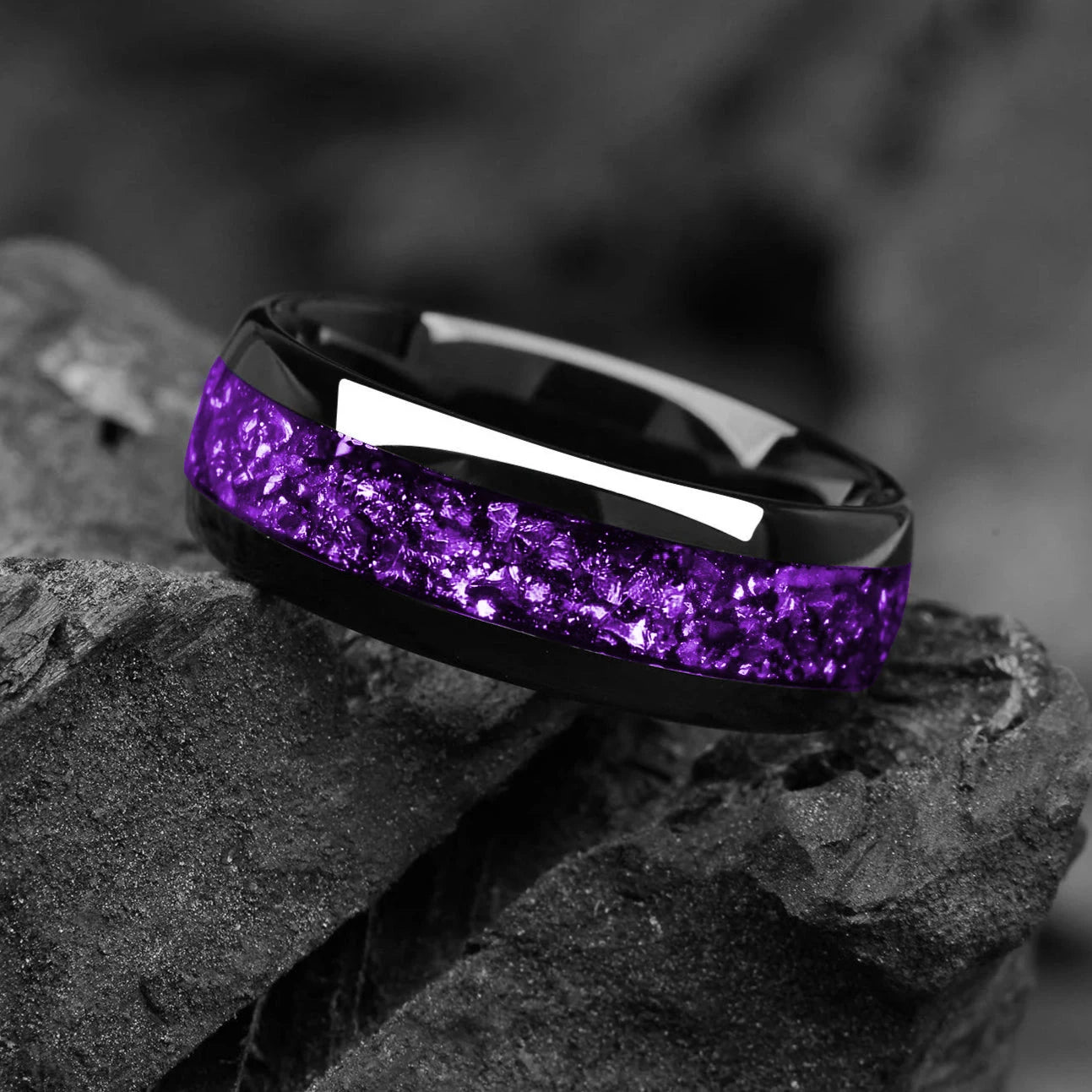 Fashion 8mm Men Stainless Steel Rings Inlay Galaxy Style Purple Abalone Shell Rings For Men Wedding Engagement Band Jewelry Gift