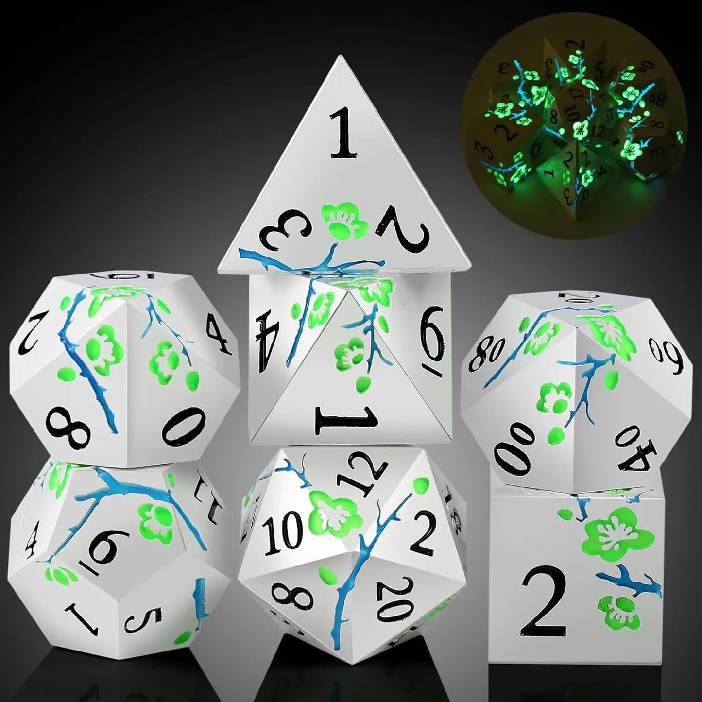 Metal Dice Set D&D, DNDND 7 PCS Flower Metallic DND Dice Set with Grogeous Gift Case for Dungeons and Dragon Tabletop Game Glow green