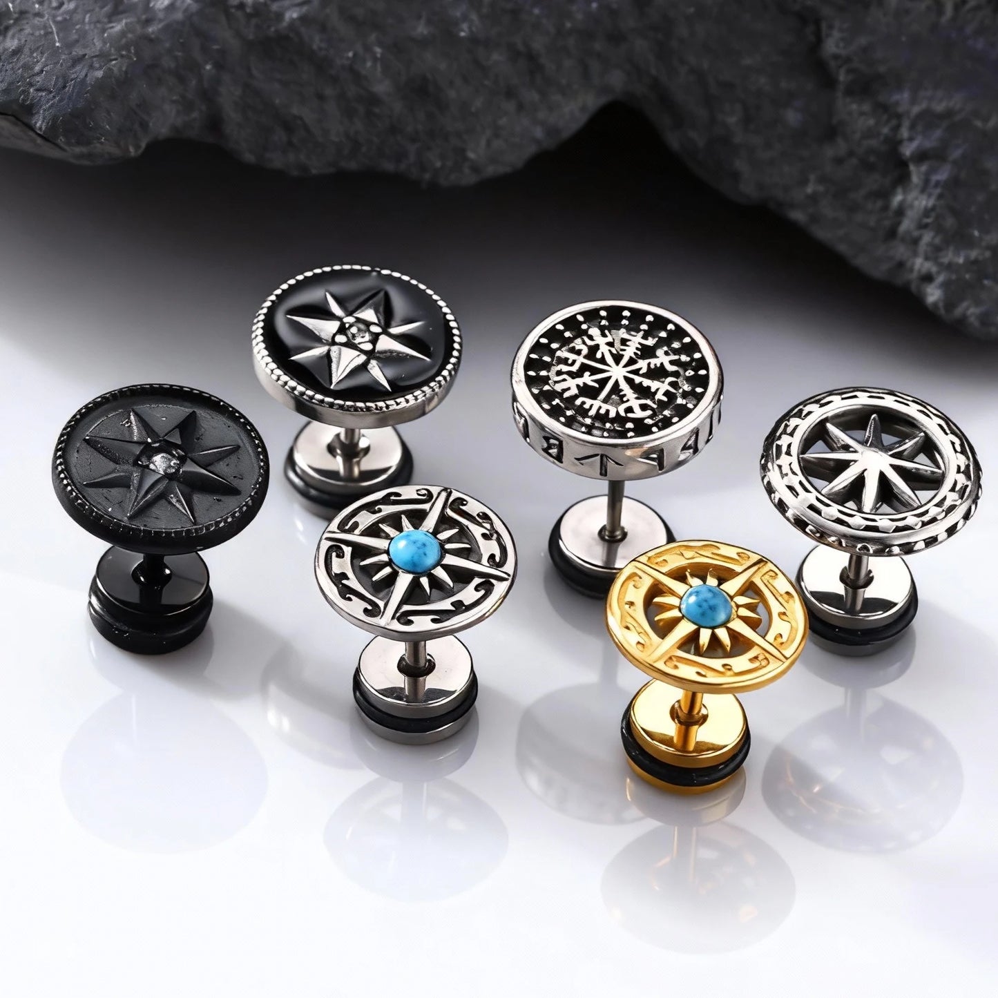 Vintage Men's Compass Stud Earrings,Stainless Steel Eight-pointed Star Round Metal Stud Earrings,Trendy Classic Jewelry Gifts