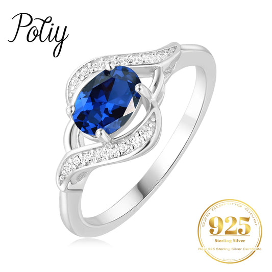 Potiy Oval Created Blue Sapphire 925 Sterling Silver Ring for Women Statement Halo Engagement Gemstone Jewelry gift valentines CHINA