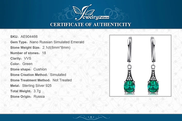 JewelryPalace Vintage 2.1ct Cushion Simulated Nano Emerald 925 Sterling Silver Hoop Earrings for Woman Gemstone Fashion Jewelry