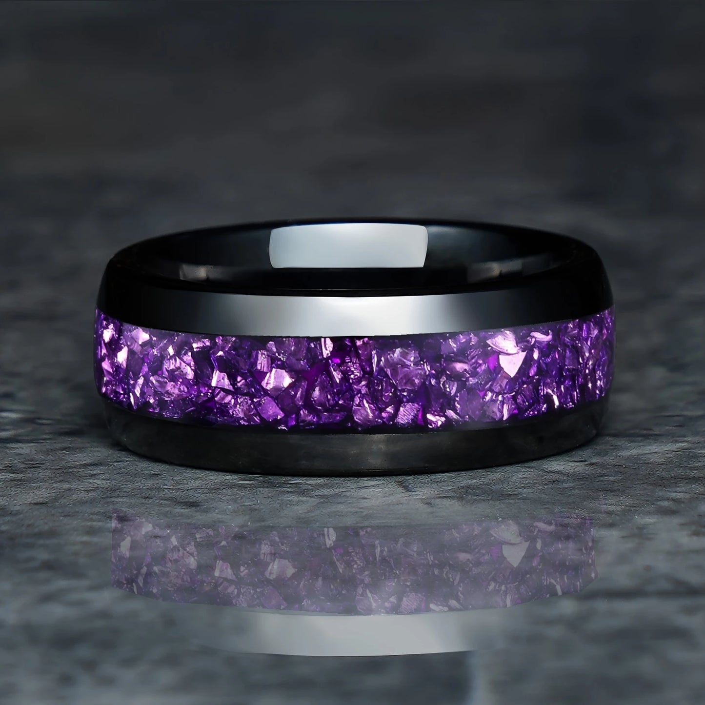 Fashion 8mm Men Stainless Steel Rings Inlay Galaxy Style Purple Abalone Shell Rings For Men Wedding Engagement Band Jewelry Gift