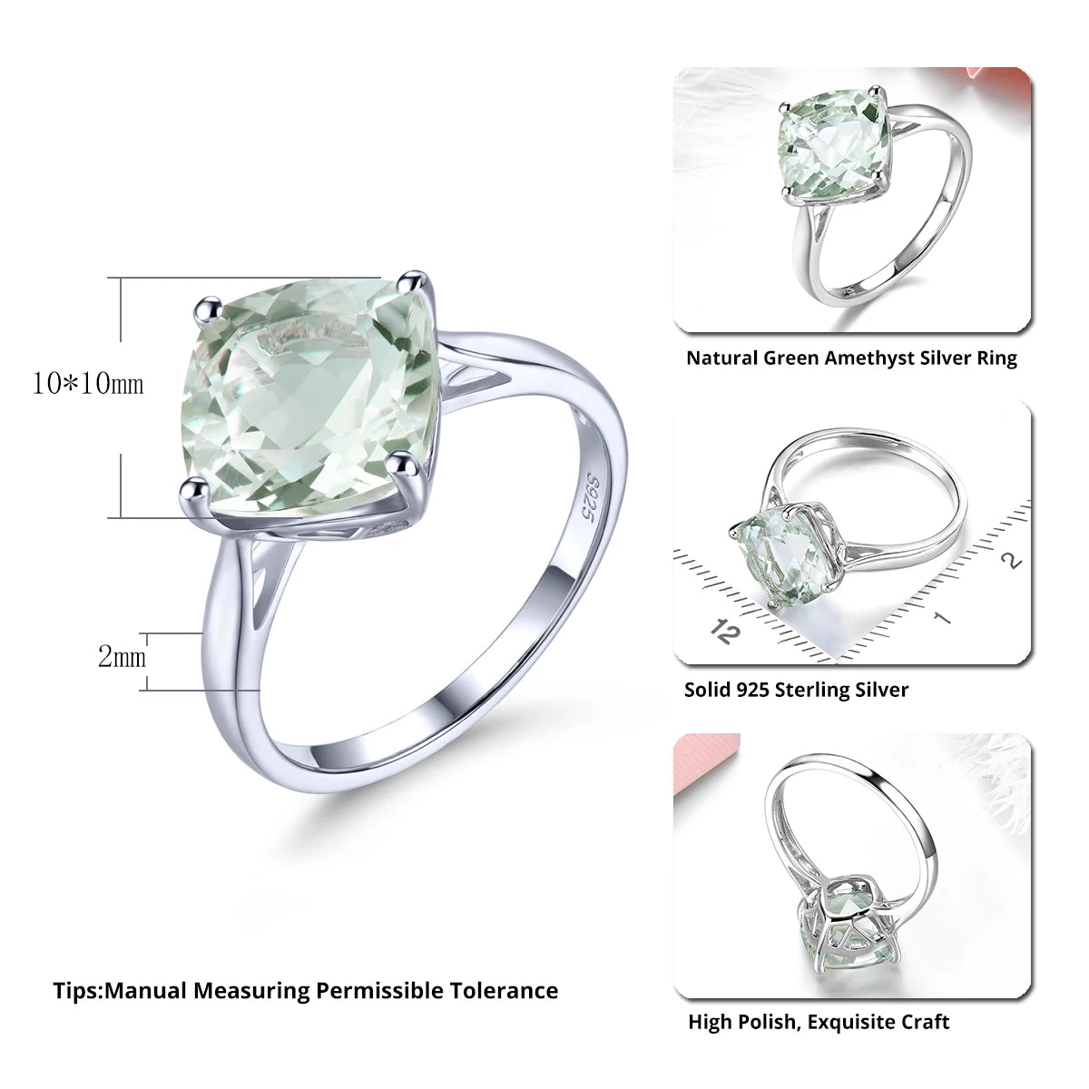 Natural Green Amethyst Sterling Silver Rings 3.8 Carats Light Green Gemstone Women Classic Simple Design S925 Fine Jewelrys