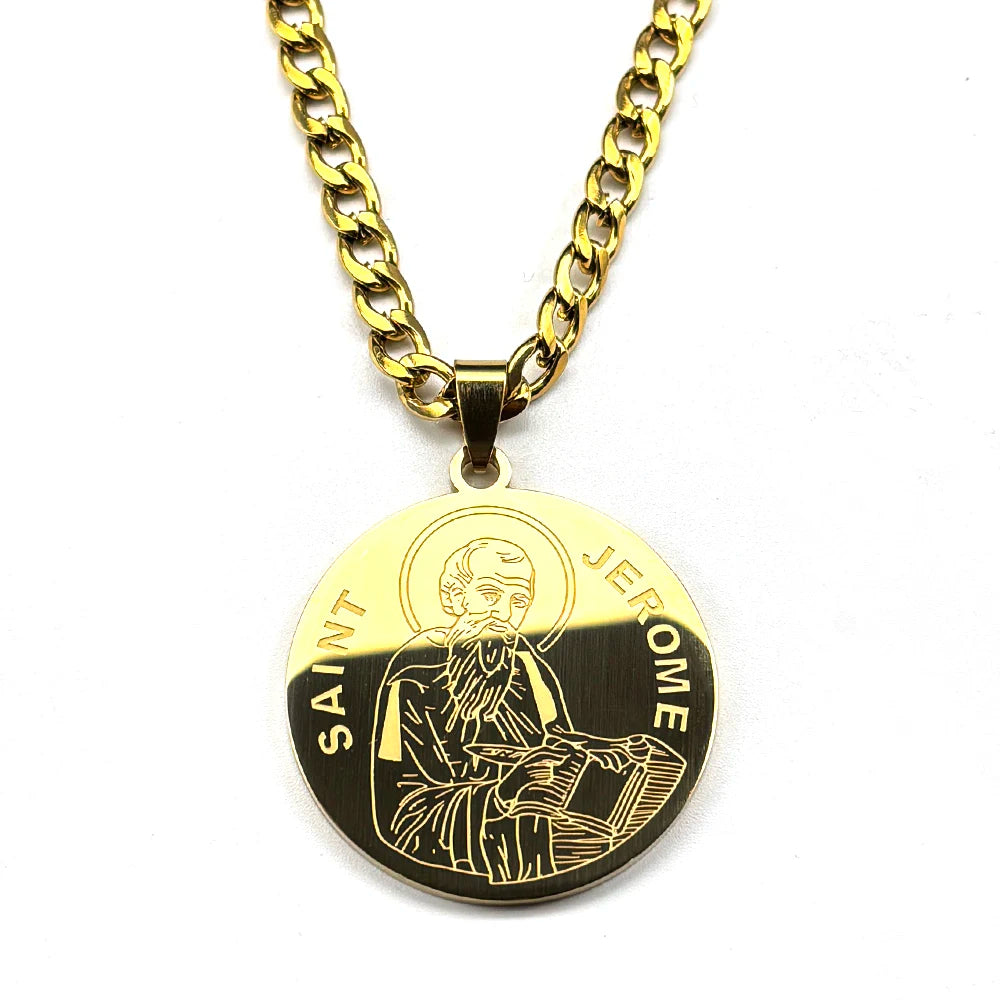 Saint Jerome Protect Us Pendant Necklace for Women Men Stainless Steel Gold Color Christian Medallion Chain Academic Jewelry
