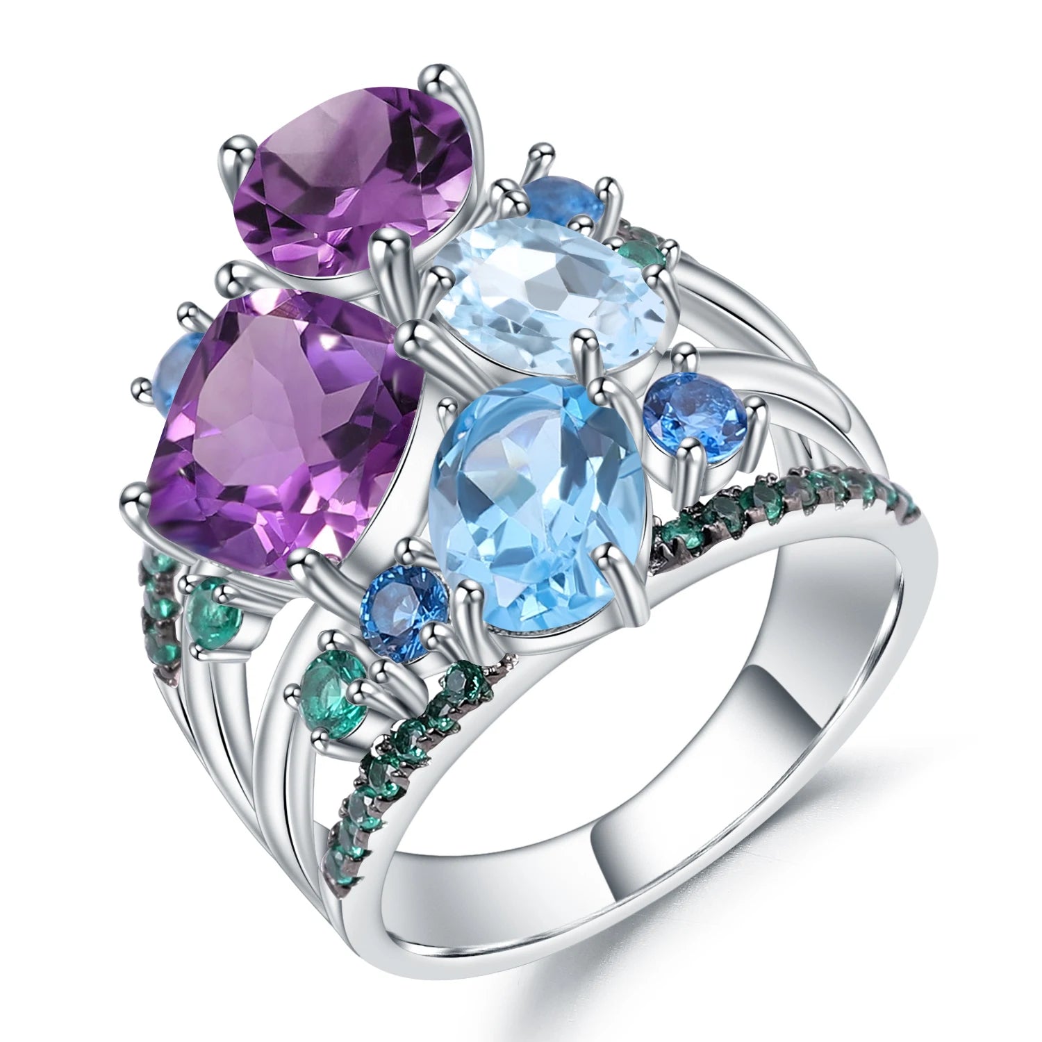GEM'S BALLET Natural Mystic Quartz Topaz Gemstone Ring 925 Sterling Silver Statement Rings for Women Wedding Bijoux 925 Sterling Silver MIX 3
