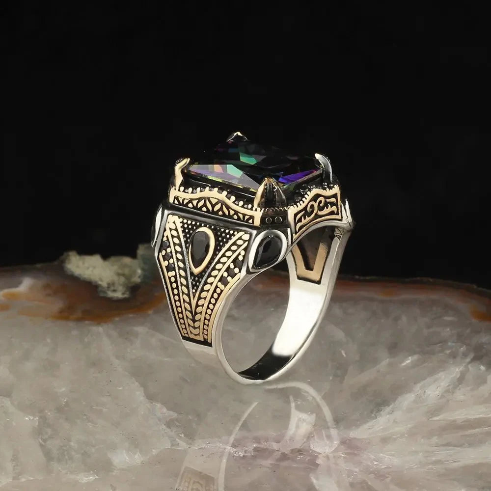 Retro Handmade Turkish Signet Rings For Men Ancient Silver Color Carved Eagle Ring Mystic Zircon Inlay New Punk Motor Biker Ring