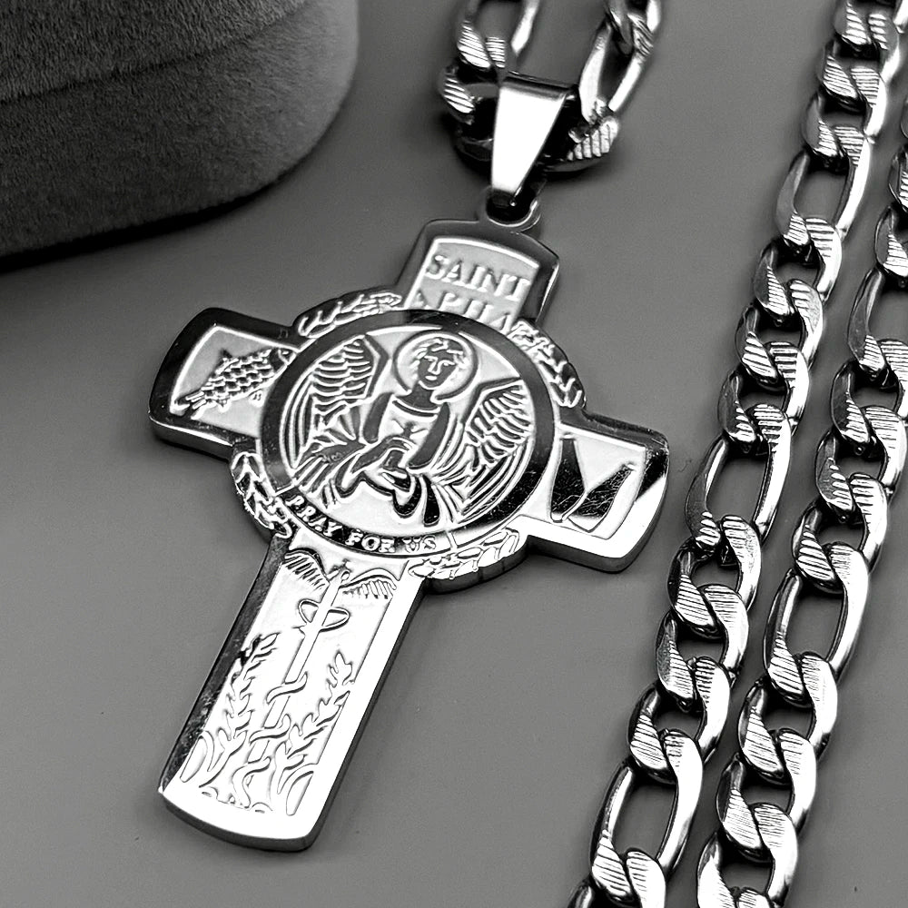 Christian Saint Raphael Pray for Us Cross Pendant Necklace for Women Men Stainless Steel Gold Color Hip Hop Cuban Chain Jewelry