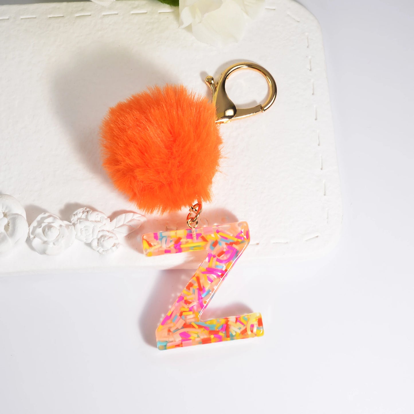 New Orange Stripe Filled Initial Letter Keychain With Orange Pom-Pom Women Girls Sweet Bag Purse Charm A-Z 26 Letters Pendant SKC-Y05-Z CHINA