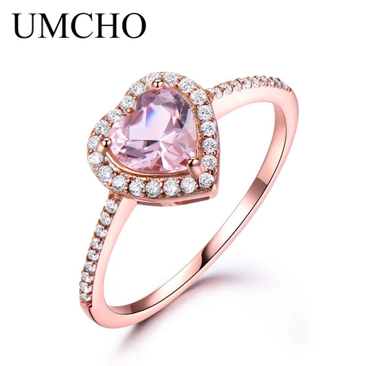 UMCHO Pink Morganite Rings for Women 925 Sterling Silver Ring Heart Engagement Wedding Band Valentine's Day gift Fine Jewelry