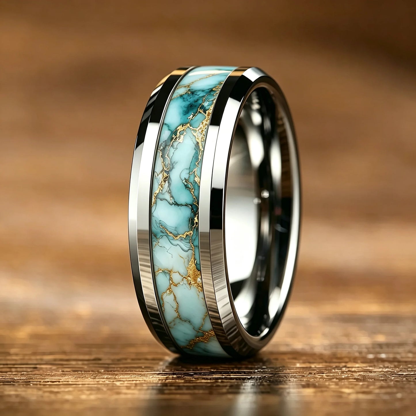 Wholesale With Sky Blue Marble Turquoise Inlay Ring Stainless Steel Rings for Men Women Wedding Band Jewelry Birthday Gift