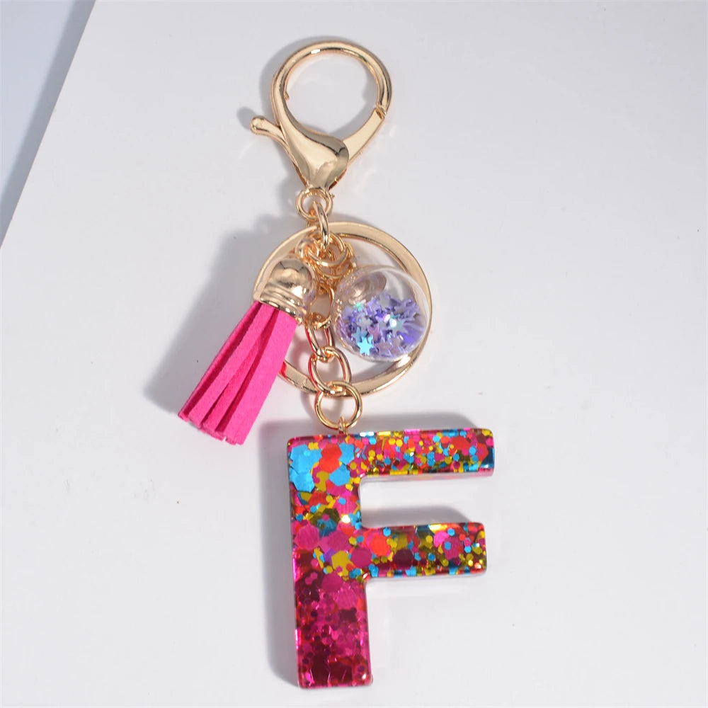 Colorful Letter Keychain Pendant Glitter Sequin Resin Key Chain Tassel Charms With Ball Keyring Jewelry For Women Bag Ornaments F