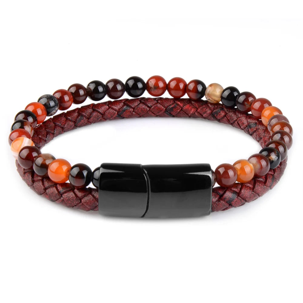 Natural Stone Bracelet Genuine Leather Braided Bracelets Black Stainless Steel Magnetic Clasp Tiger eye Bead Bangle Men Jewelry Dream agate