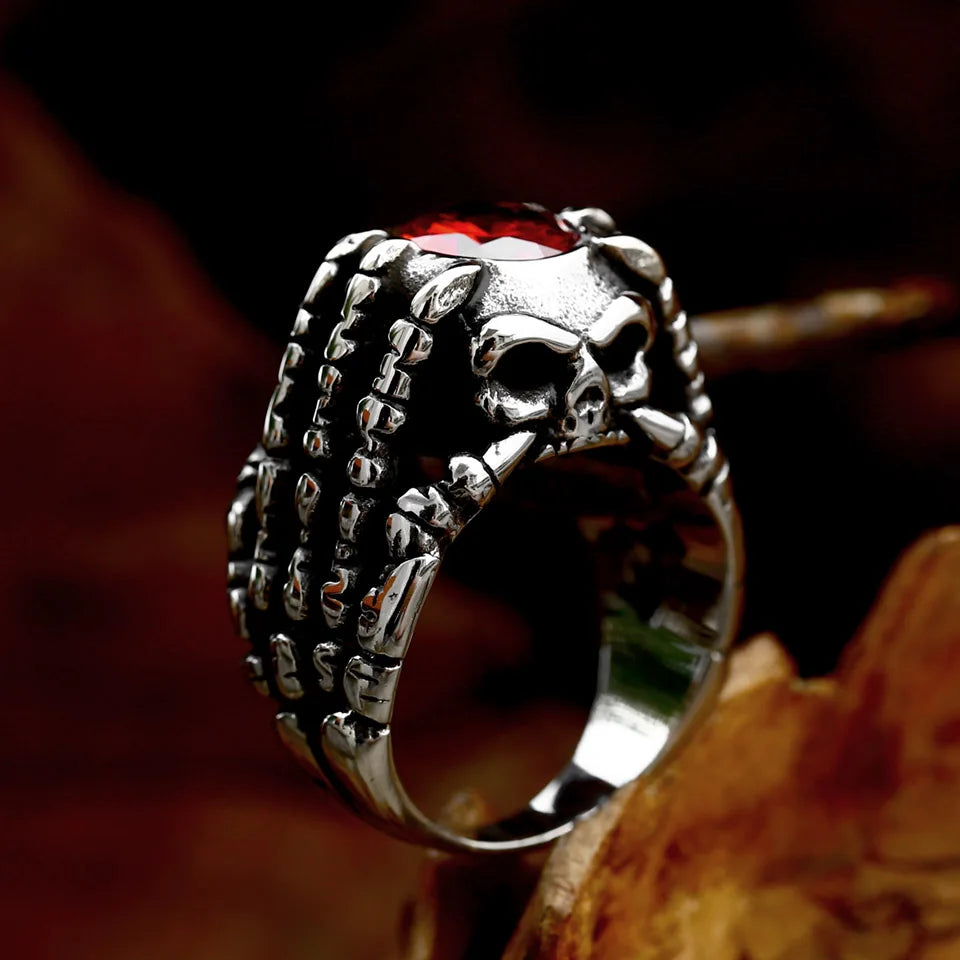 BEIER 2023 Updated 316L Stainless Steel  Skull Hand Bones Ring Paw Ring With Red Stone Punk Biker Jewelry Wholesale Gift