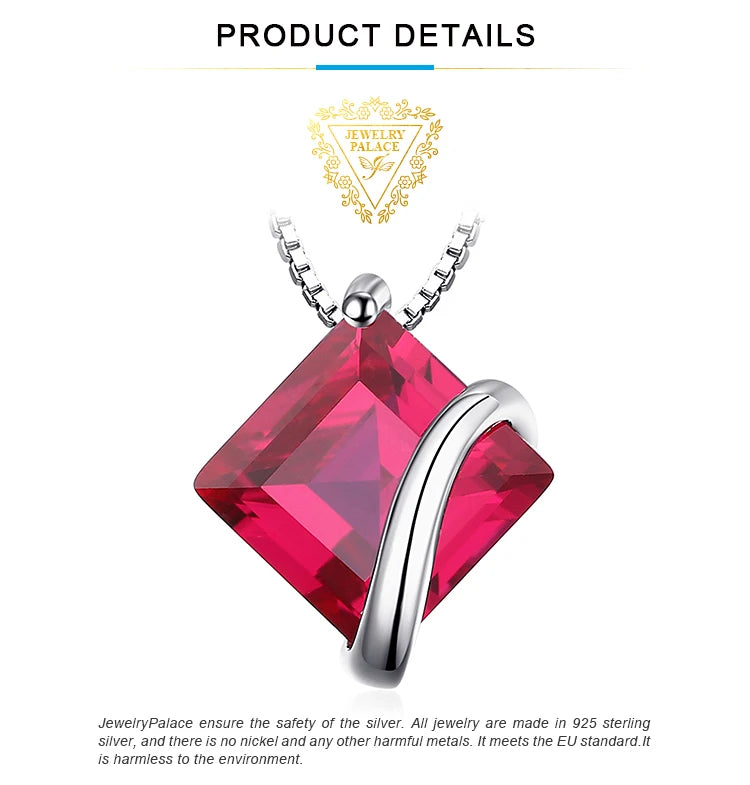 JewelryPalace Square Created Red Ruby 925 Sterling Silver Pendant Necklace Gemstones Choker Statement Necklace Without Chain