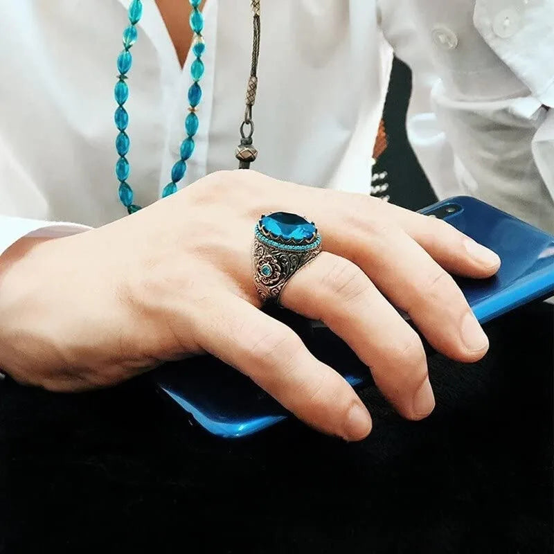 Retro Handmade Turkish Signet Ring For Men Women Ancient Silver Color Carved Eagle Ring Green Zircon Inlay Punk Motor Biker Ring