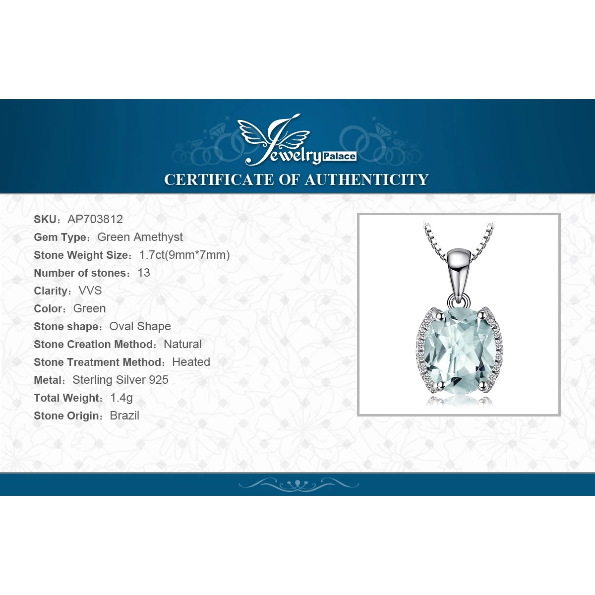 JewelryPalace Oval 1.7ct Natural Green Amethyst 925 Sterling Silver Pendant Necklace for Women Fine Jewelry Choker No Chain