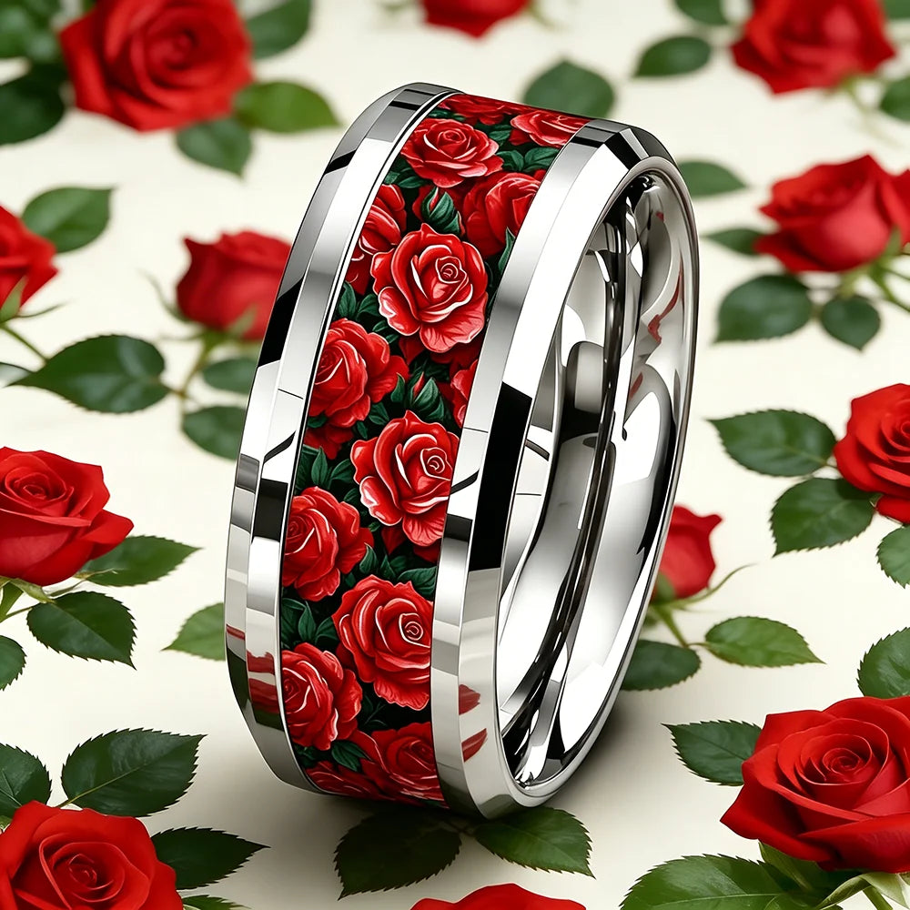 Cute Ocean-Themed 8mm Men Stainless Steel Ring with Dreamy Sea Jellyfish Pattern Inlay Rings for Teenager Wedding Party Jewelry