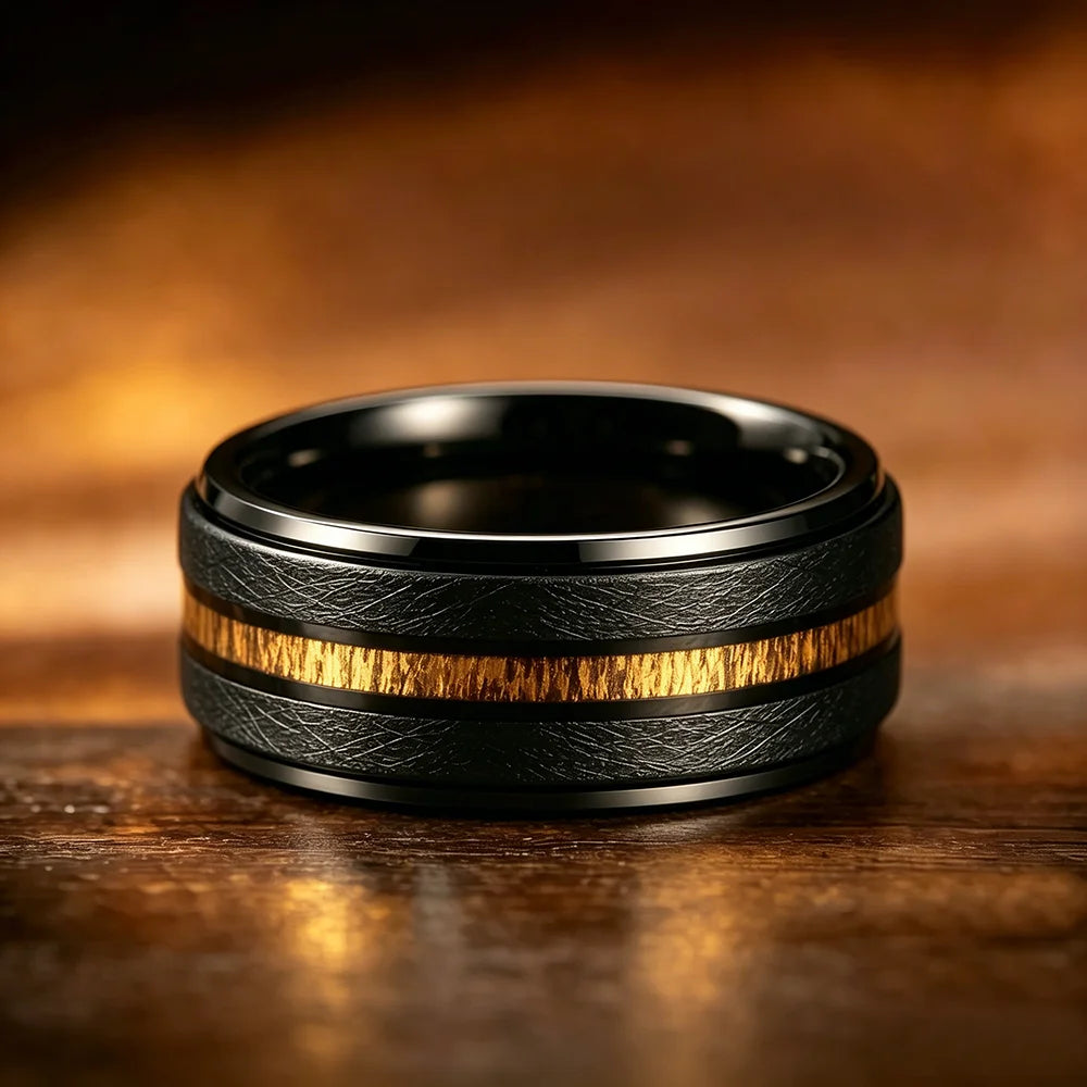 With Hawaiian Koa Wood Inlay Rings Matte Brushed Finish Fashion 8mm Black Stainless Steel Rings for Men Wedding Jewelry