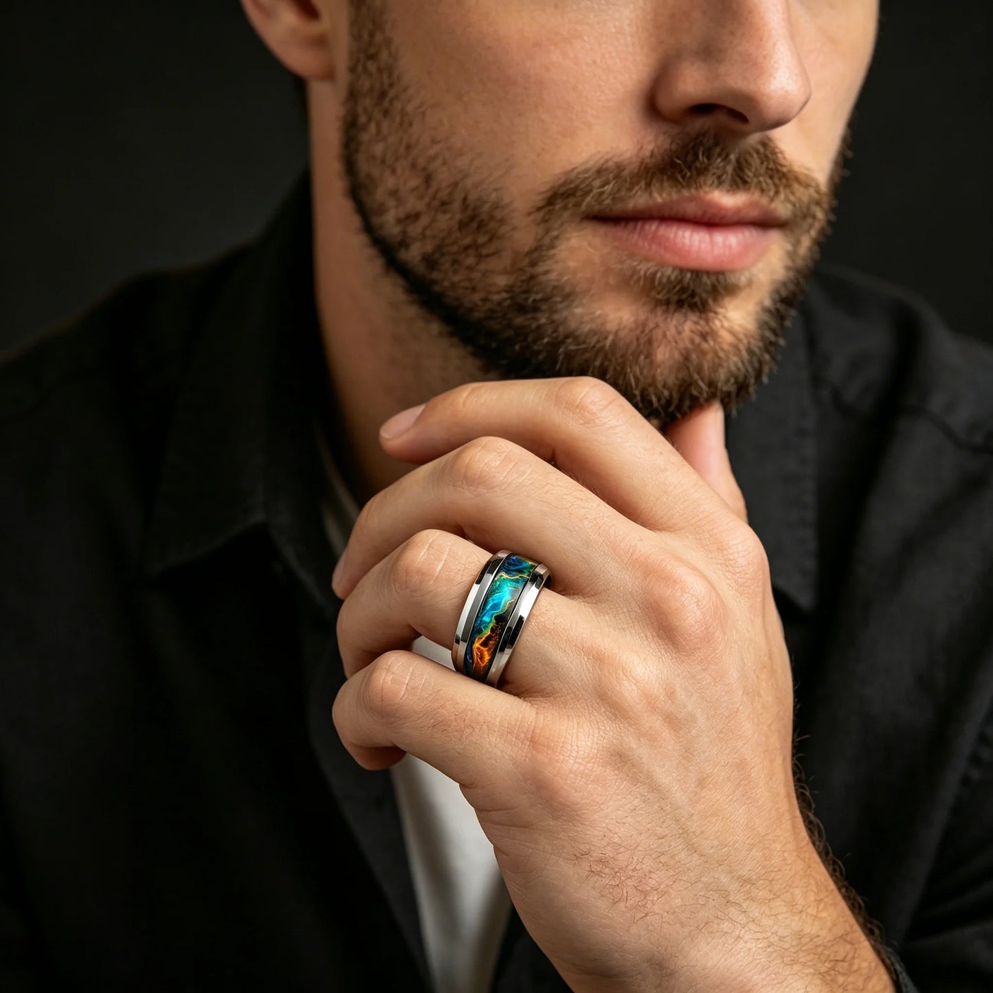 Fashion Men's Colorful Flame Aurora Stainless Steel Ring, High Polished Band, Cool Punk Biker Wedding Jewelry Drop Shipping