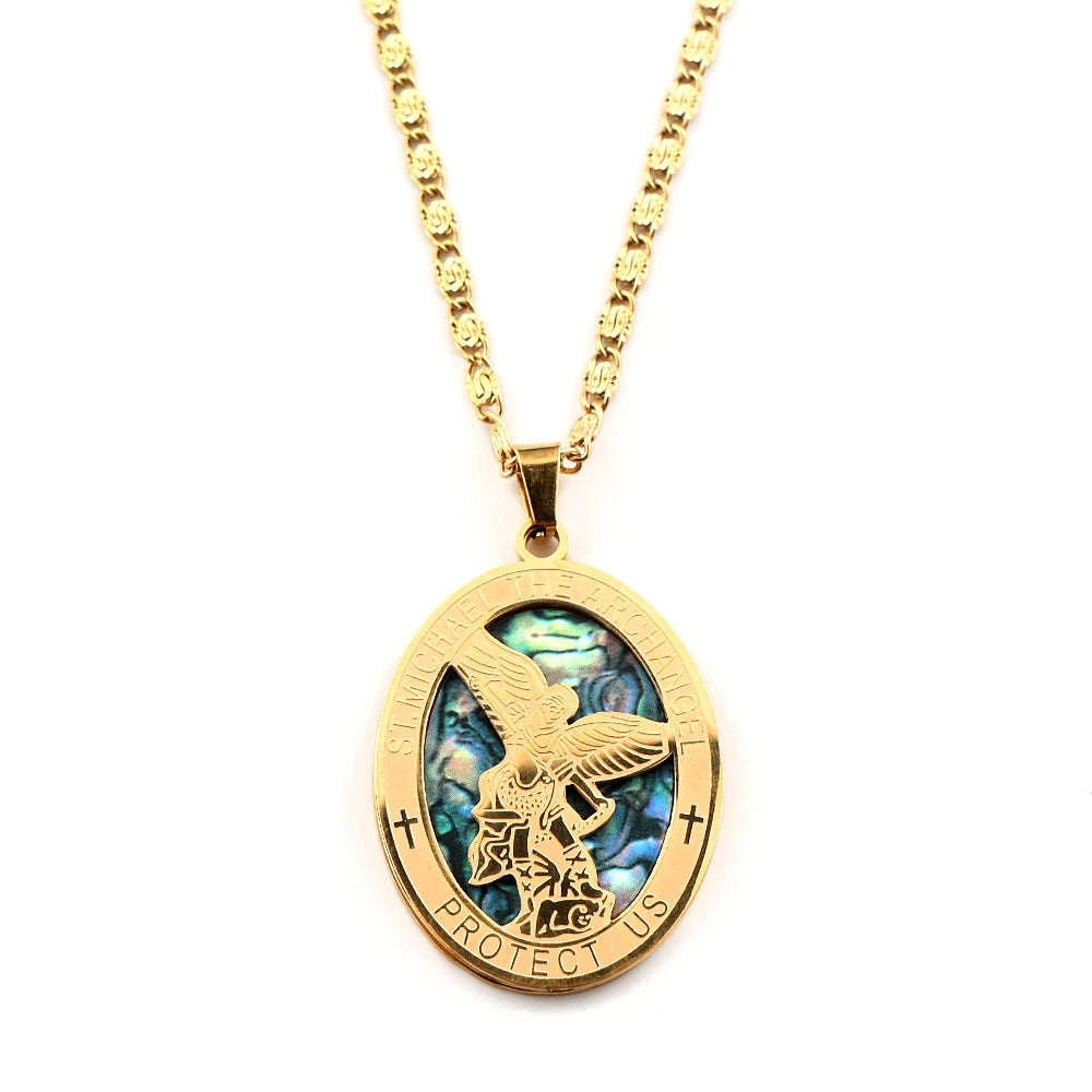 Archangel St.Michael Protect Us Oval Pendant Necklace for Women Men Stainless Steel Christian Saint Michael Chain Jewelry Gift