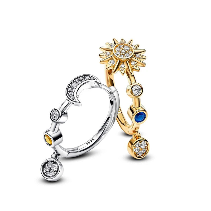 Genuine 925 Sterling Silver Starry Moon Feather Hoop Earrings Fit Original Charms Fashion Women Earrings Jewelry Gift 2024 New BTE167