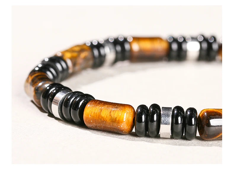 JD Natural Yellow Tiger Eye Stone Tube Shape Bracelets for Women Men Classic Stainless Steel Elastic Bangles Yoga Energy Gifts