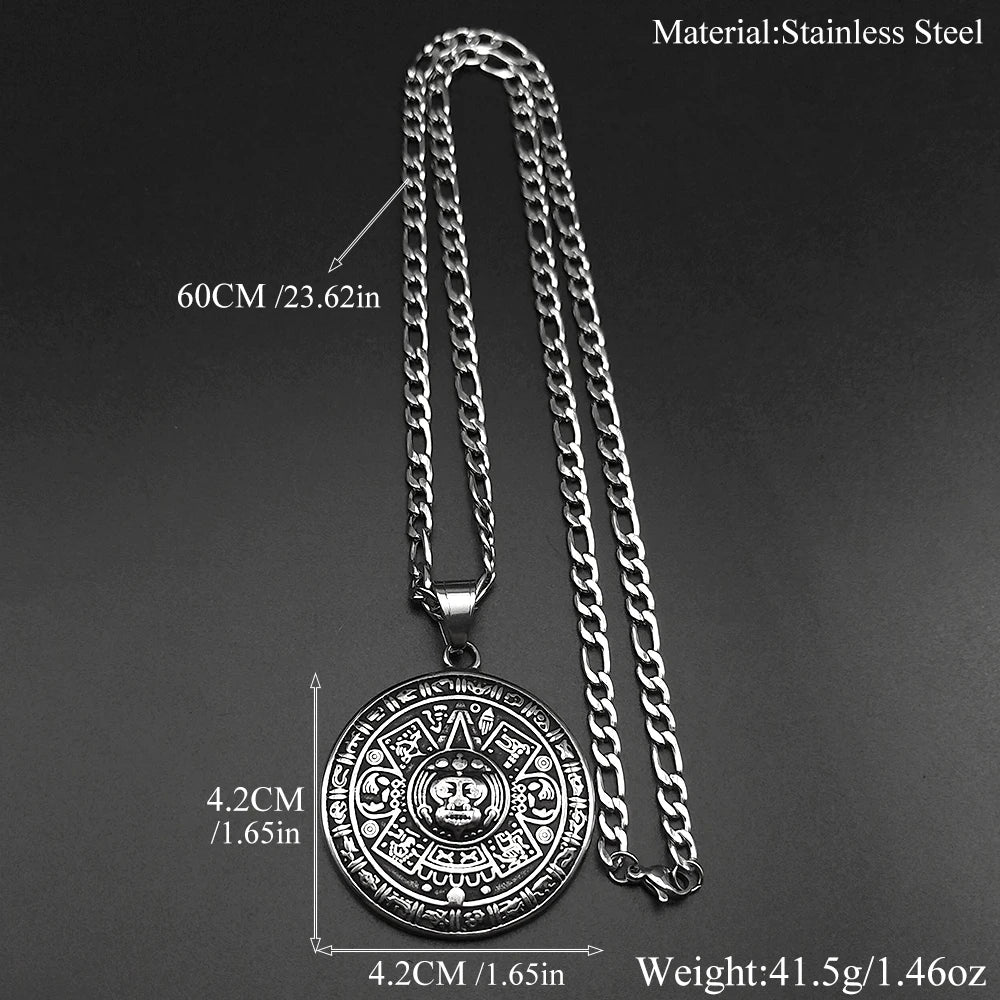 Vintage Mayan Symbol Pendant Necklace For Men Women Stainless Steel Black Ethnic Style Faith Amulet Chain Jewelry Accessories