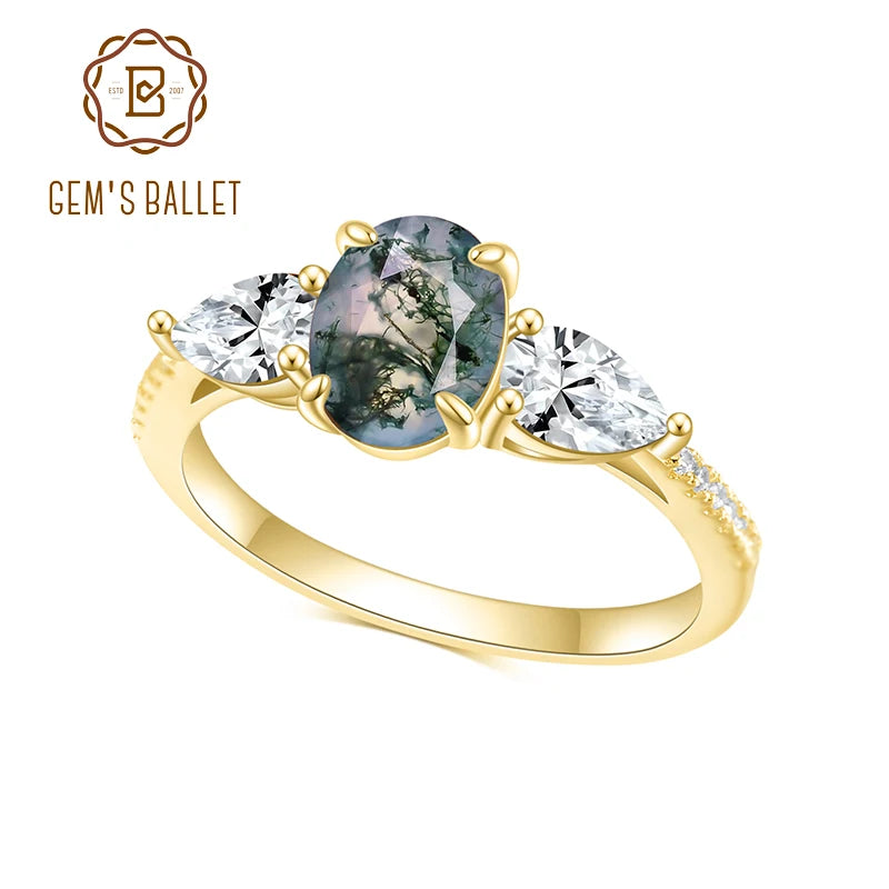 GEM'S BALLET Elegant 1.18CT Oval Cut Moss Agate Classic Three Stone Engagement Rings in 925 Sterling Silver Gift For Her