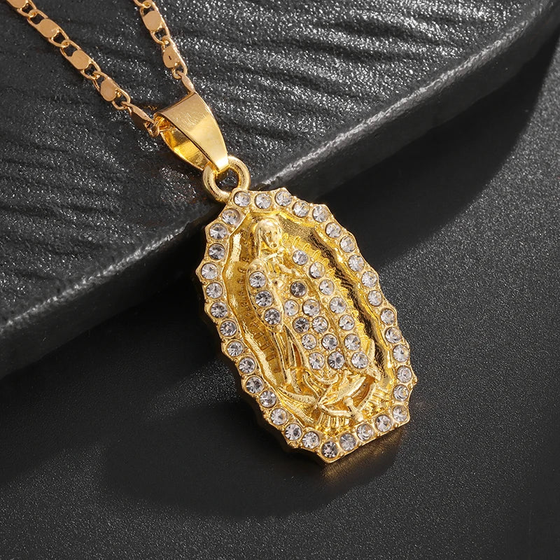 Classic Catholic Virgin Mary Square Pendant Necklace for Men Women Christian Religious Prayer Amulets Jewelry Gifts