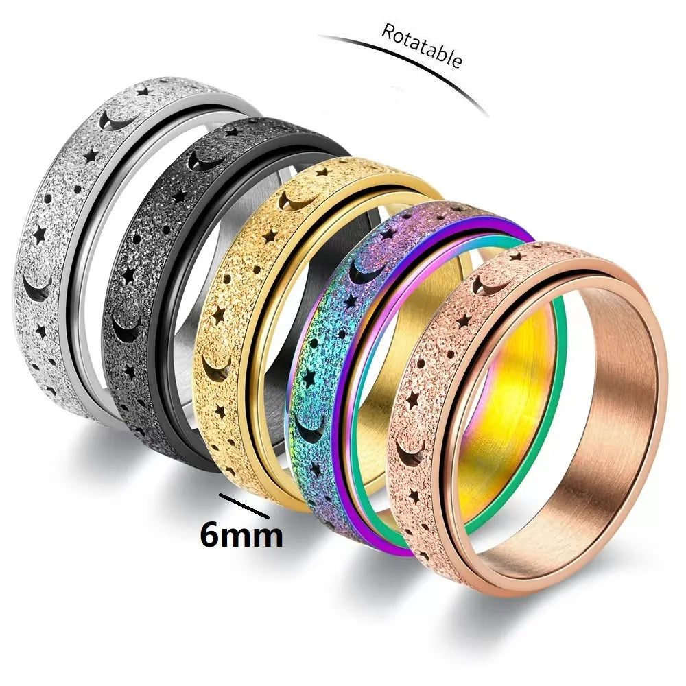 Frosted Stainless Steel Moon And Star Fidget Rings For Men Anti Stress And Anxiety Rotating Ring Fidget Metal Spinner Anillos