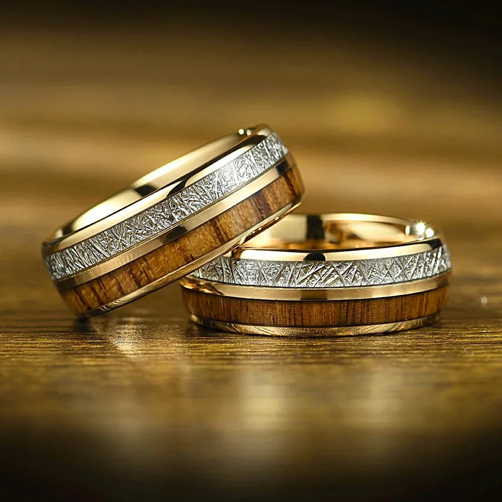 8MM Men's Koa Wood Inlay Stainless Steel Ring Unique Silver Meteorite Steel Rings For Gift Luxury Party Wedding Band Jewelry