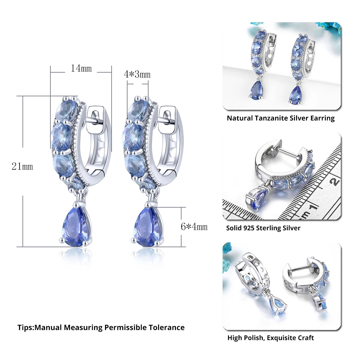 Natural Tanzanite Sterling Silver Clip Earring 2 Carats Genuine Light Blue Tanzanite Unique Design S925 Fine Jewelrys Gifts