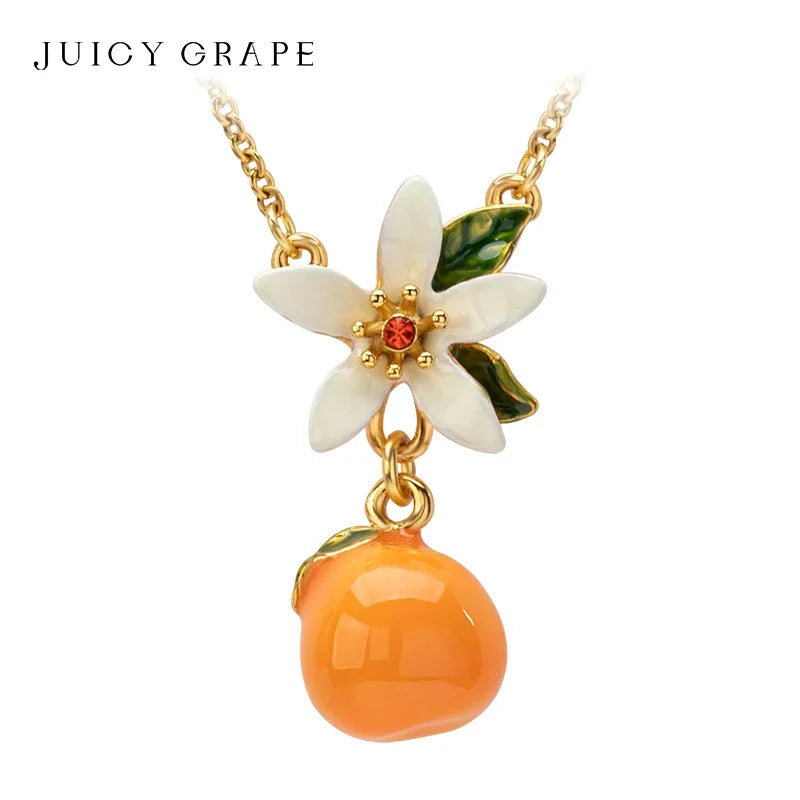 Necklace for Women Orange Gardenia Necklace 18K Gold Plated Sweet Fruit Flower Necklace Hand Painted Enamel Christmas Gifts