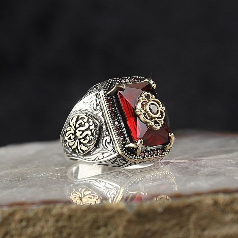 Retro Handmade Turkish Signet Ring for Men Women Ancient Silver Color Carved Eagle Ring Inlaid Red Zircon Punk Motor Biker Ring