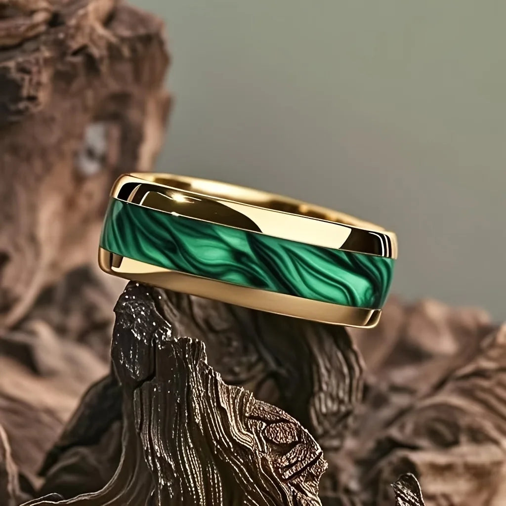 Fashion 8MM Men Domed Green Abalone Shell Inlay Stainless Steel Rings Gold Color Steel Rings For Wedding Engagement Jewelry Gift