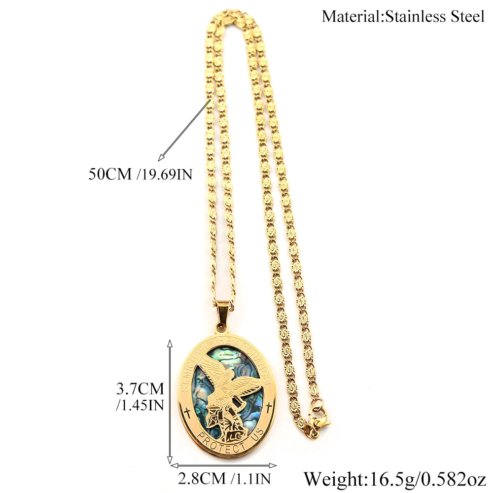 Archangel St.Michael Protect Us Oval Pendant Necklace for Women Men Stainless Steel Christian Saint Michael Chain Jewelry Gift